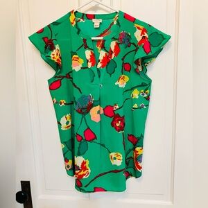 J. Crew Green Floral Short Flutter Sleeve Top size 2